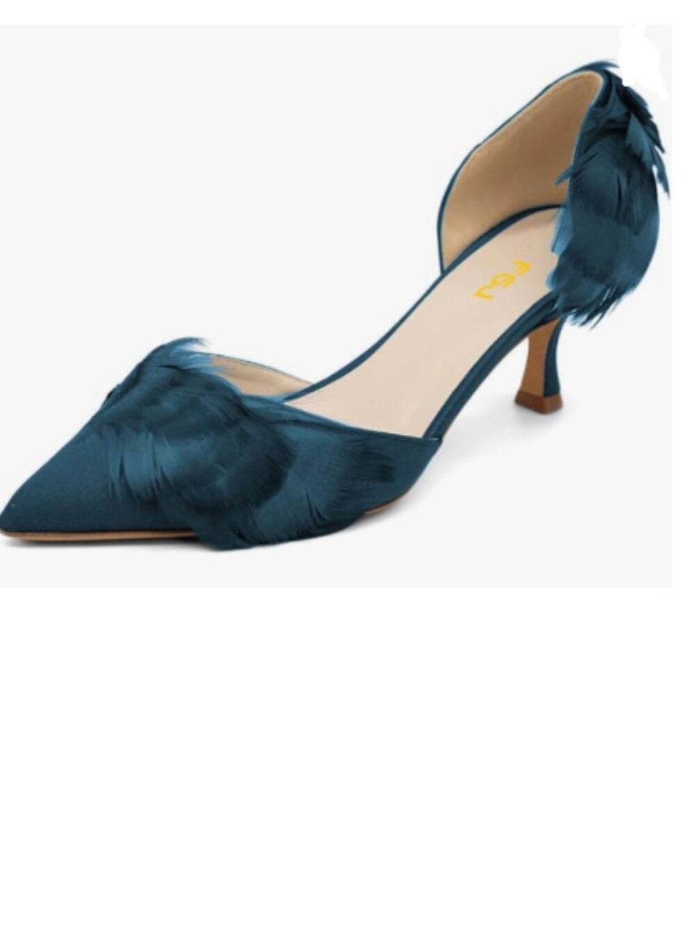 FSJ Teal D'Orsay Kitten Low Heels Pointed Toe Comfort Slip-On Feather Pumps